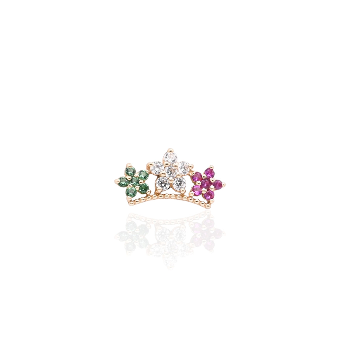Tri-Color Cubic Zirconia Flower Curved Bar Stud Earrings 14K Yellow Gold with Safety Screwbacks