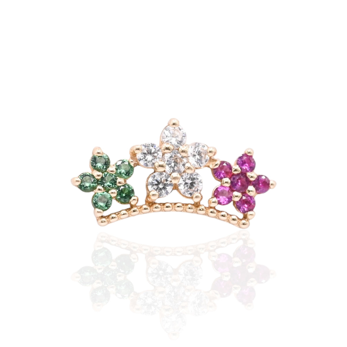 Tri-Color Cubic Zirconia Flower Curved Bar Stud Earrings 14K Yellow Gold with Safety Screwbacks