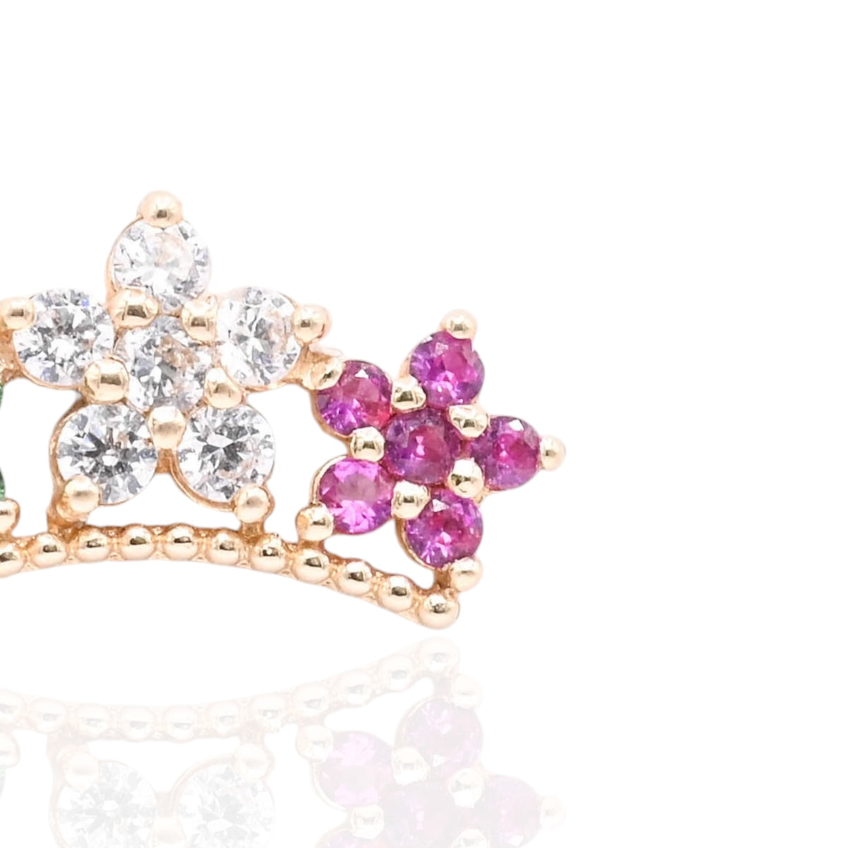 Tri-Color Cubic Zirconia Flower Curved Bar Stud Earrings 14K Yellow Gold with Safety Screwbacks