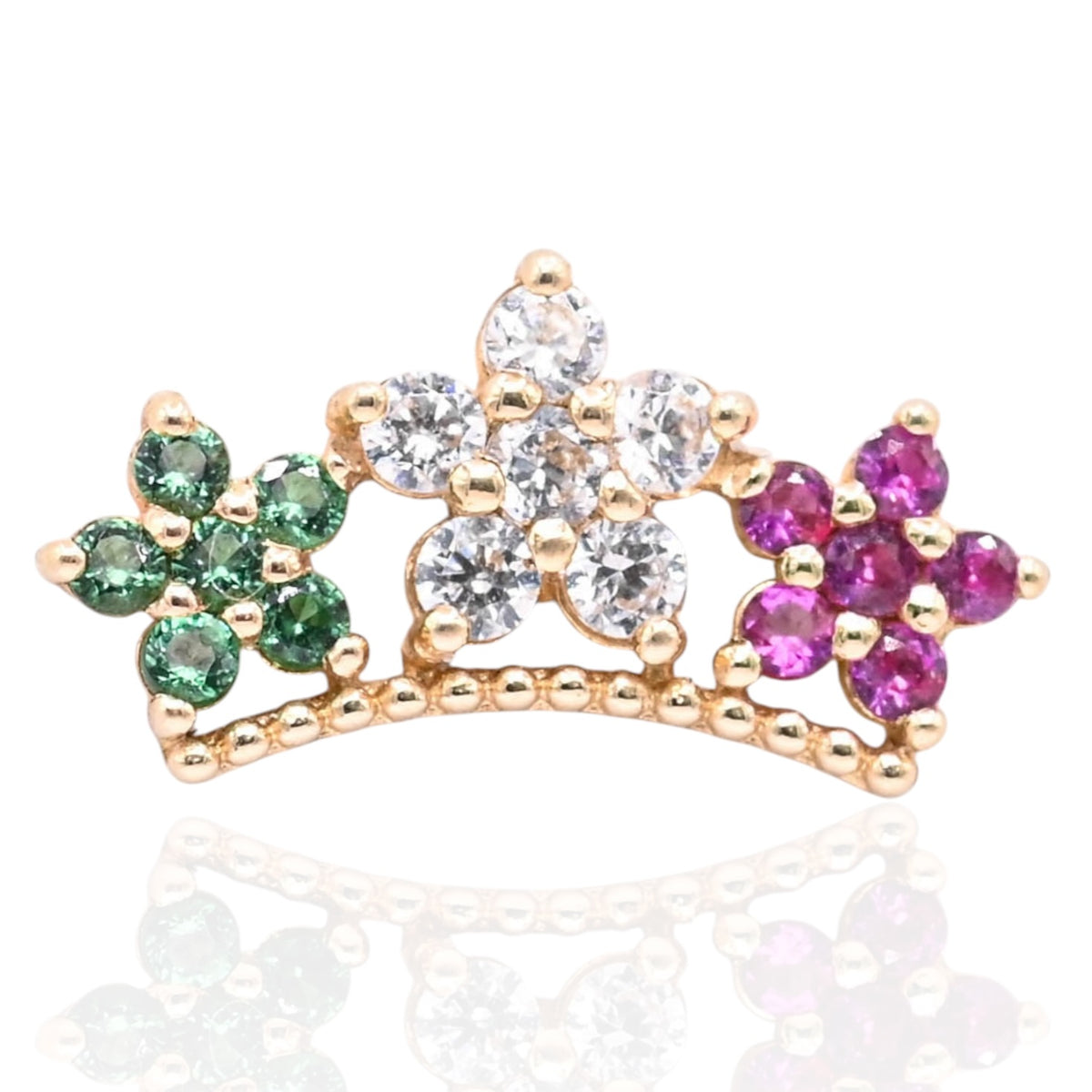 Tri-Color Cubic Zirconia Flower Curved Bar Stud Earrings 14K Yellow Gold with Safety Screwbacks