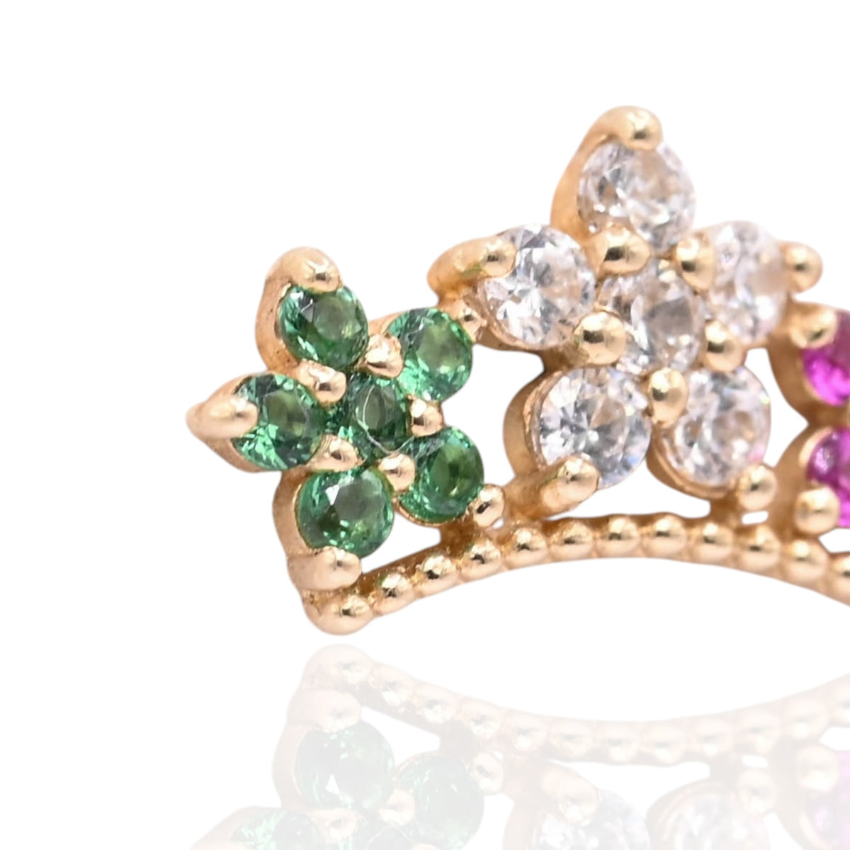 Tri-Color Cubic Zirconia Flower Curved Bar Stud Earrings 14K Yellow Gold with Safety Screwbacks