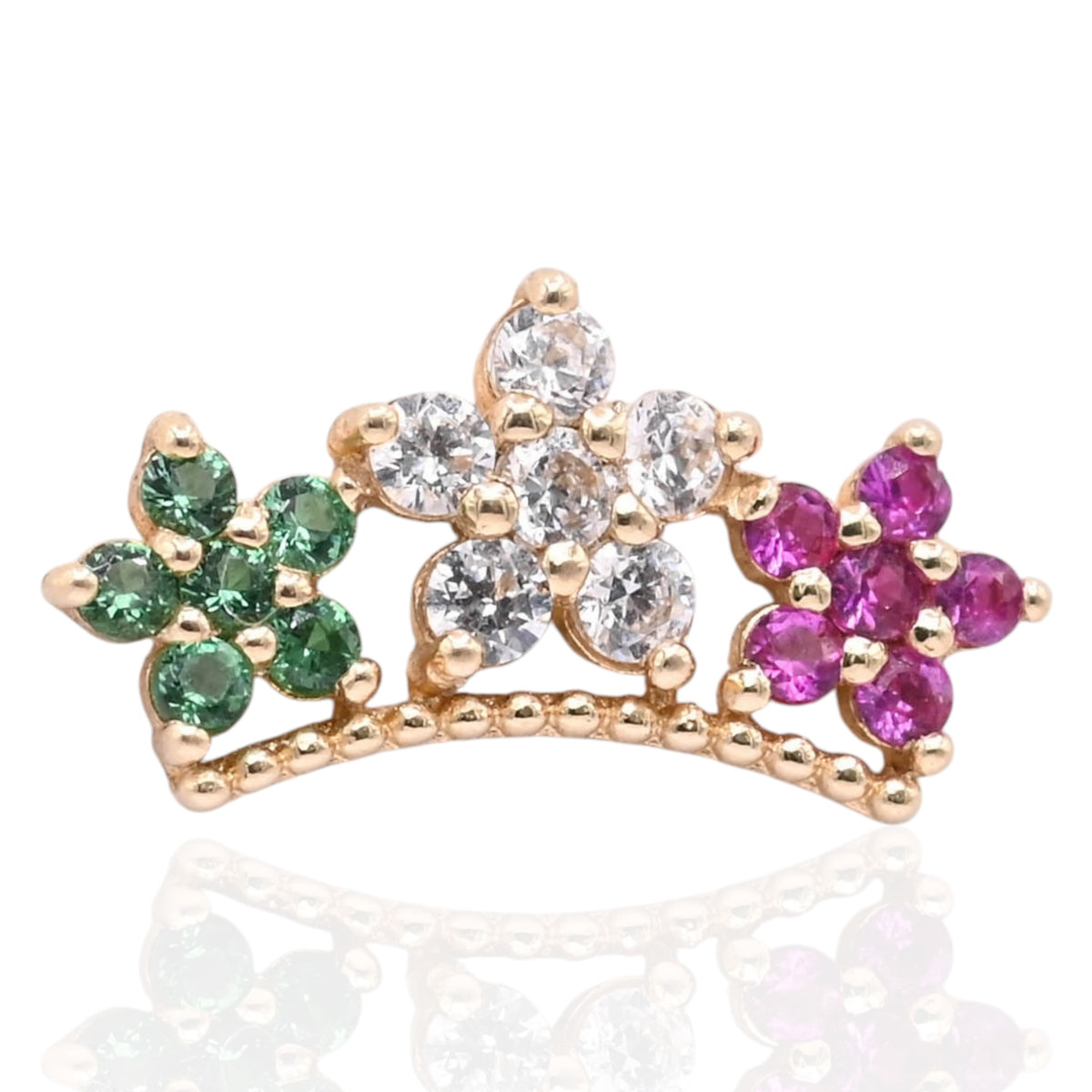 Tri-Color Cubic Zirconia Flower Curved Bar Stud Earrings 14K Yellow Gold with Safety Screwbacks