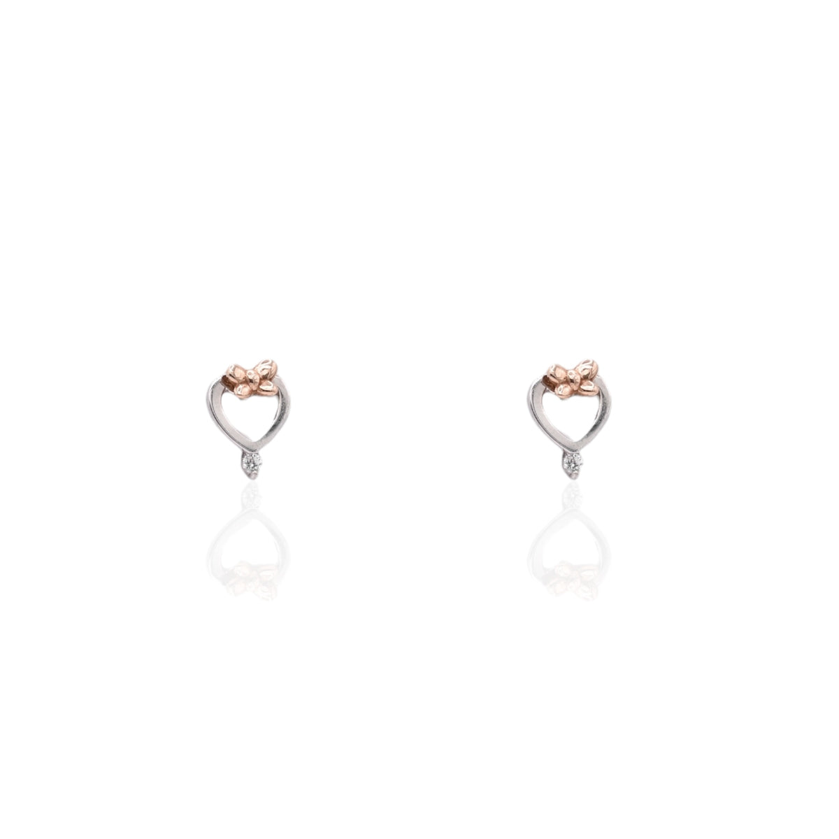 Lightweight Bow Heart Stud Earrings with Accent Cubic Zirconias 14K White Gold and 14K Rose Gold with Safety Screwbacks