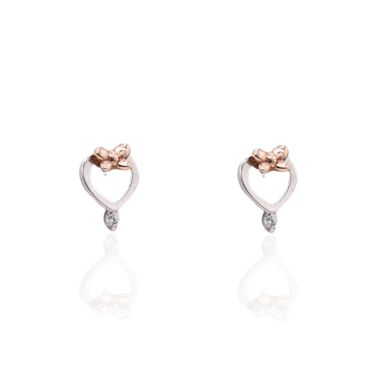Lightweight Bow Heart Stud Earrings with Accent Cubic Zirconias 14K White Gold and 14K Rose Gold with Safety Screwbacks
