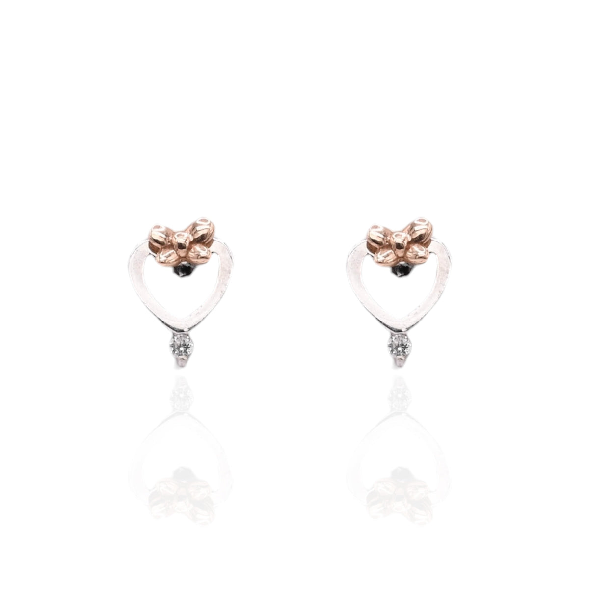 Lightweight Bow Heart Stud Earrings with Accent Cubic Zirconias 14K White Gold and 14K Rose Gold with Safety Screwbacks
