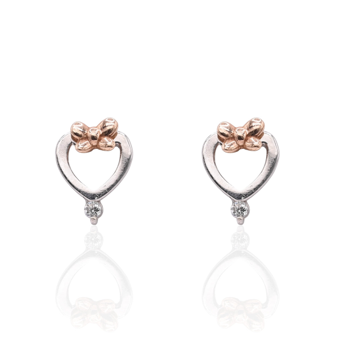 Lightweight Bow Heart Stud Earrings with Accent Cubic Zirconias 14K White Gold and 14K Rose Gold with Safety Screwbacks