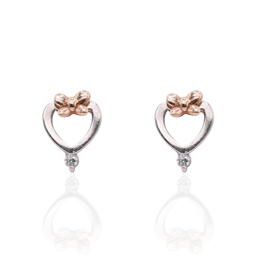 Lightweight Bow Heart Stud Earrings with Accent Cubic Zirconias 14K White Gold and 14K Rose Gold with Safety Screwbacks