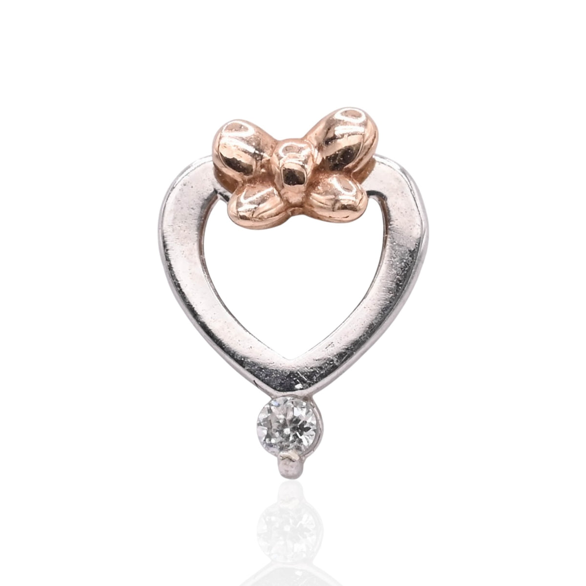 Lightweight Bow Heart Stud Earrings with Accent Cubic Zirconias 14K White Gold and 14K Rose Gold with Safety Screwbacks