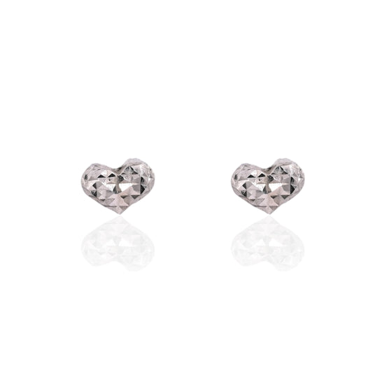 Diamond Cut Puffed Heart Stud Earrings 14K White Gold with Safety Screwbacks