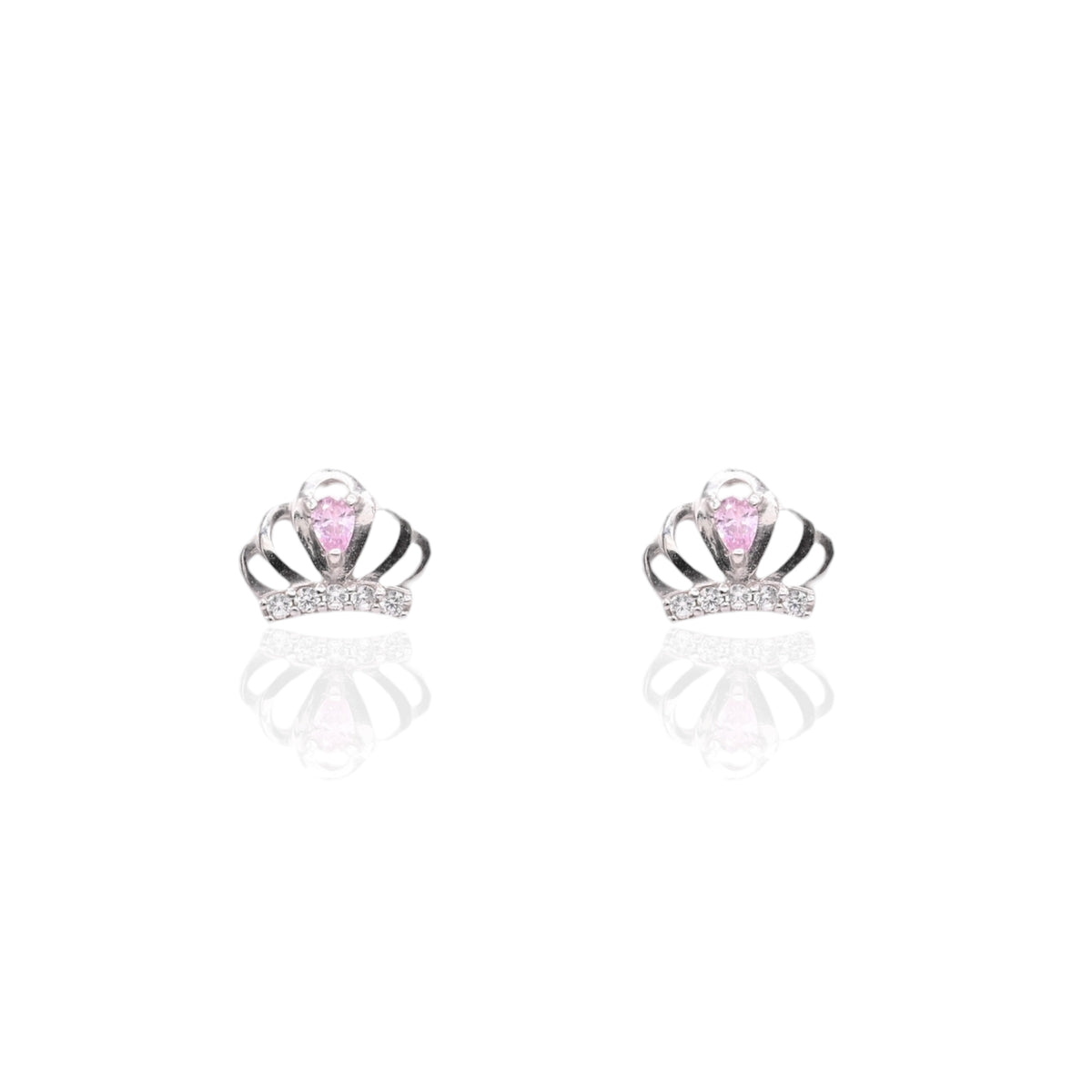 Lightweight Pink and White Cubic Zirconia Princess Crown Stud Earrings 14K White Gold with Safety Screwbacks