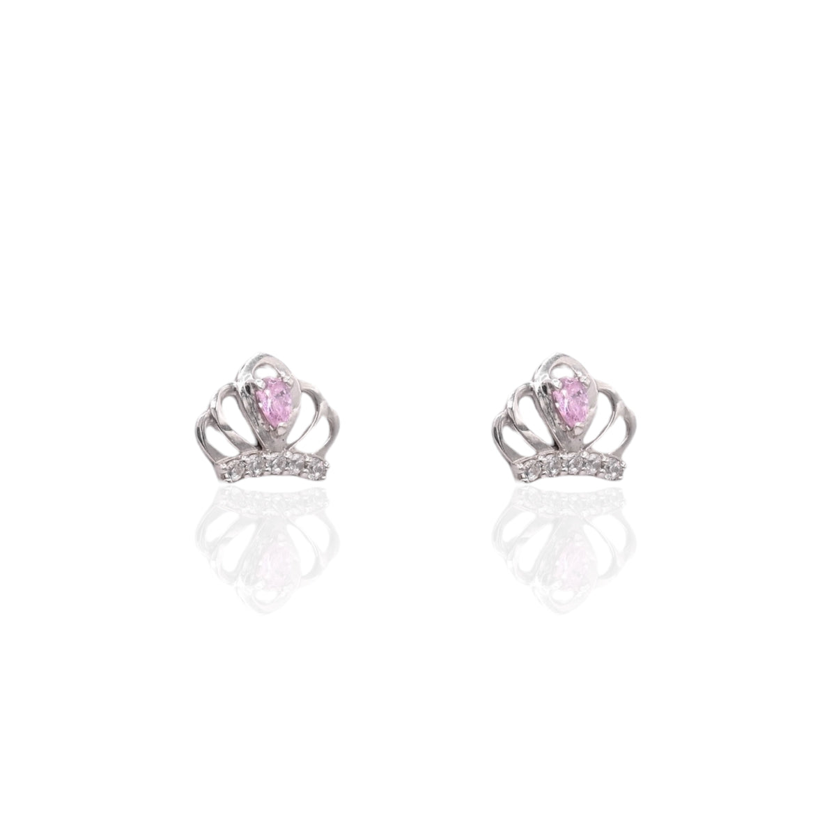 Lightweight Pink and White Cubic Zirconia Princess Crown Stud Earrings 14K White Gold with Safety Screwbacks