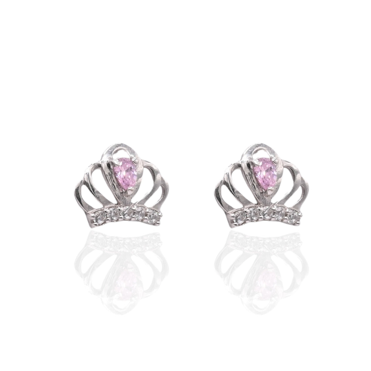 Lightweight Pink and White Cubic Zirconia Princess Crown Stud Earrings 14K White Gold with Safety Screwbacks