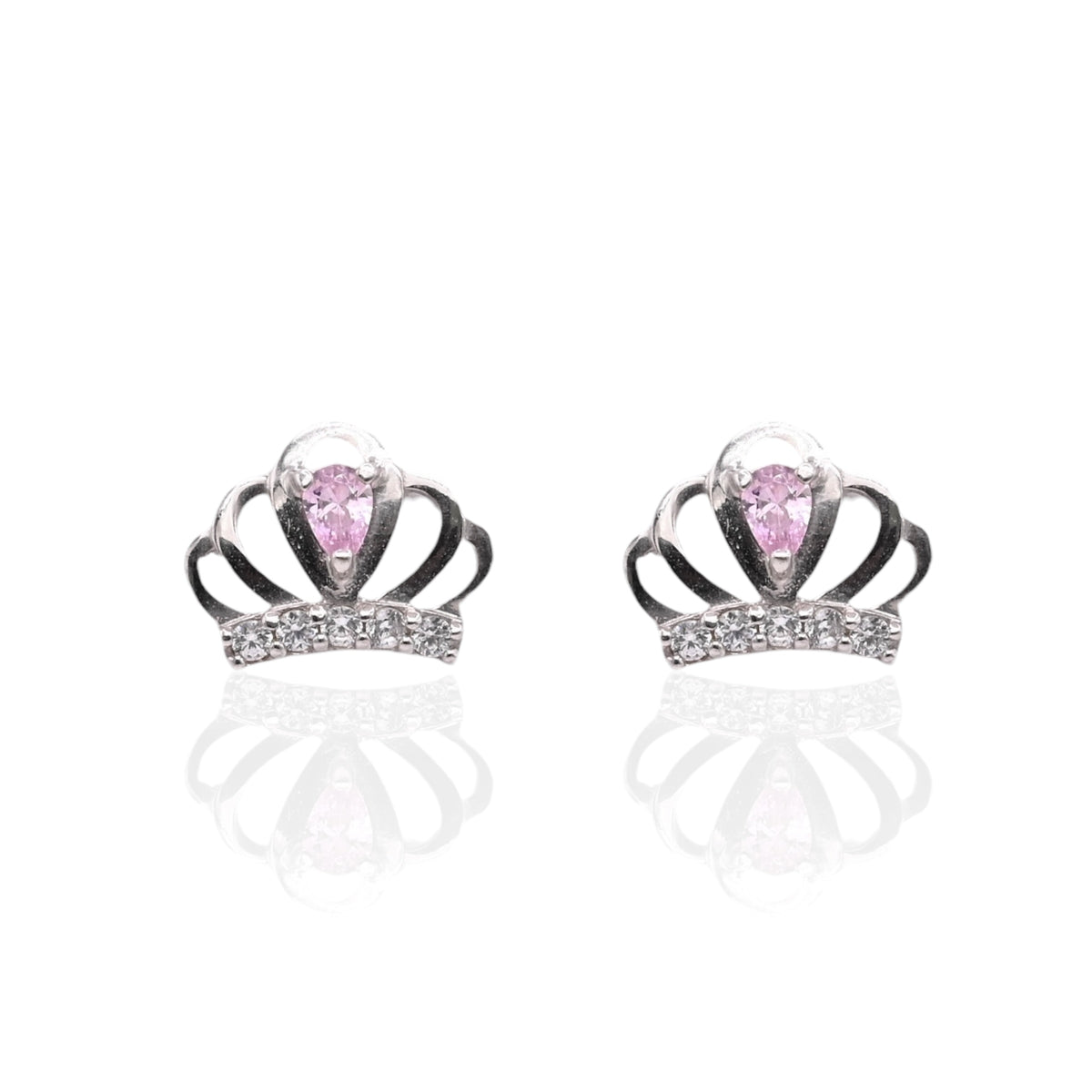 Lightweight Pink and White Cubic Zirconia Princess Crown Stud Earrings 14K White Gold with Safety Screwbacks