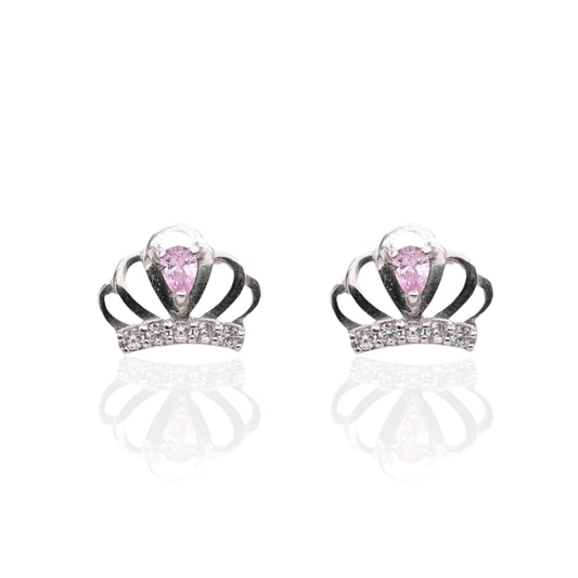 Lightweight Pink and White Cubic Zirconia Princess Crown Stud Earrings 14K White Gold with Safety Screwbacks