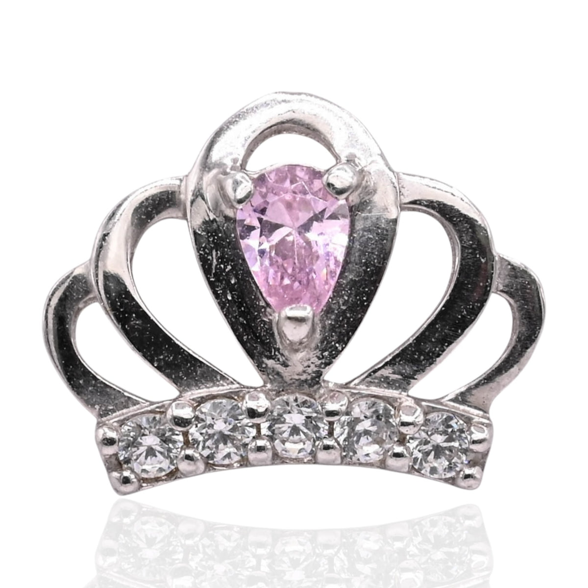 Lightweight Pink and White Cubic Zirconia Princess Crown Stud Earrings 14K White Gold with Safety Screwbacks