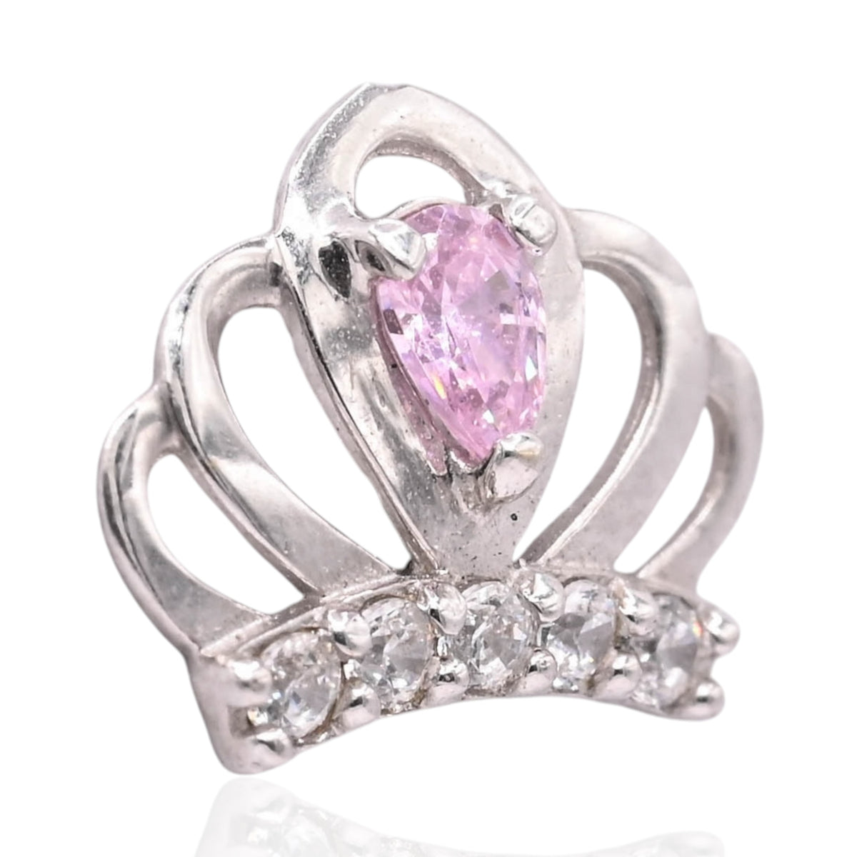 Lightweight Pink and White Cubic Zirconia Princess Crown Stud Earrings 14K White Gold with Safety Screwbacks
