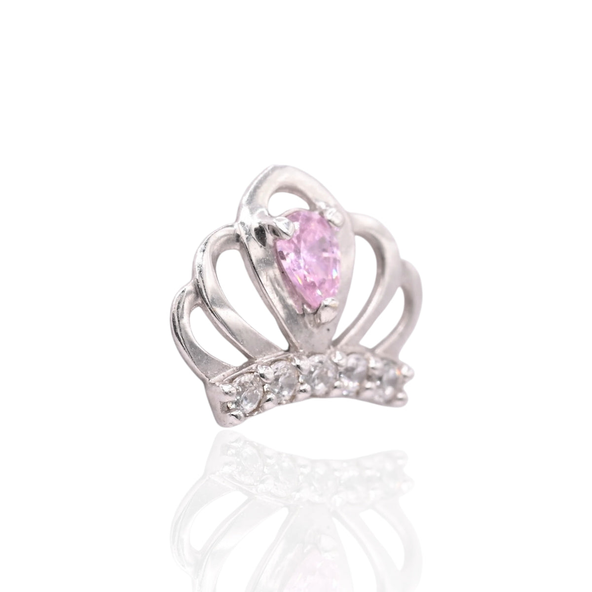 Lightweight Pink and White Cubic Zirconia Princess Crown Stud Earrings 14K White Gold with Safety Screwbacks