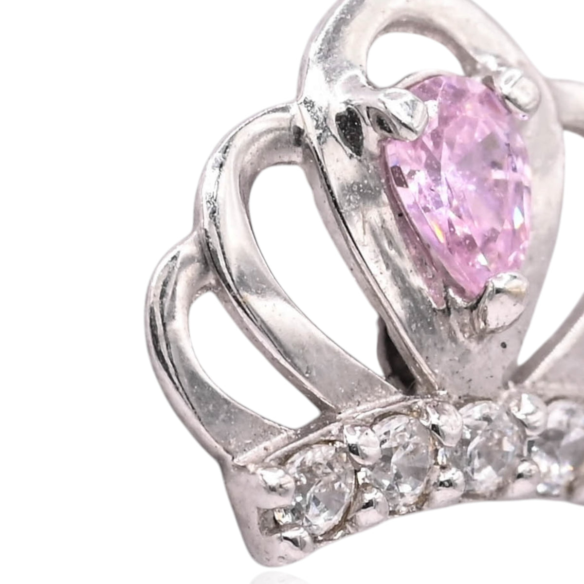 Lightweight Pink and White Cubic Zirconia Princess Crown Stud Earrings 14K White Gold with Safety Screwbacks