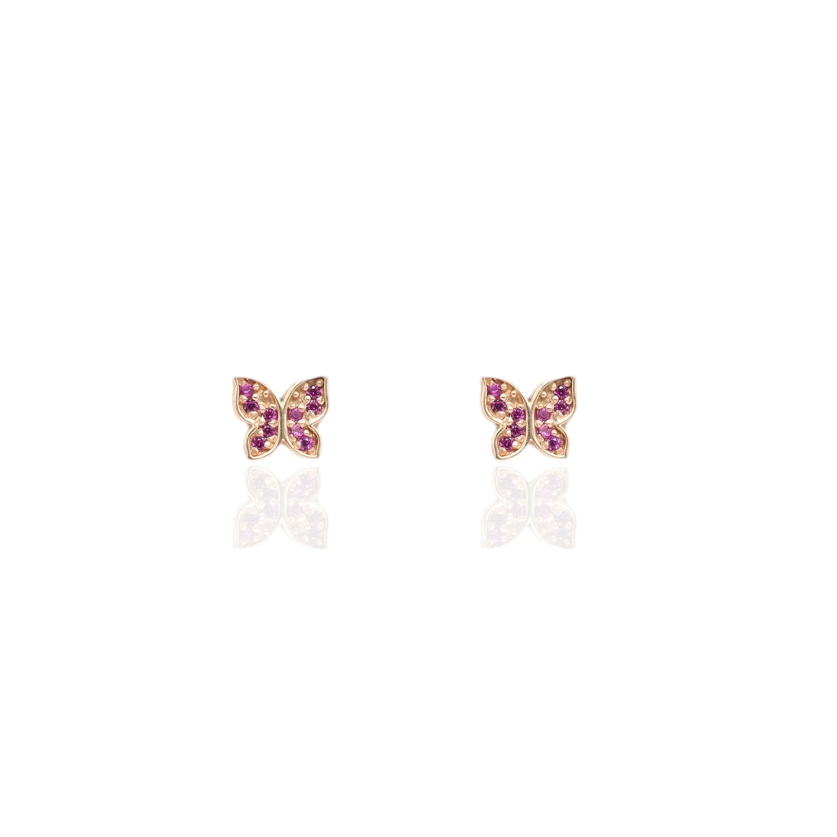 Dainty Ruby Butterfly Stud Earrings 14K Yellow Gold with Safety Screwbacks