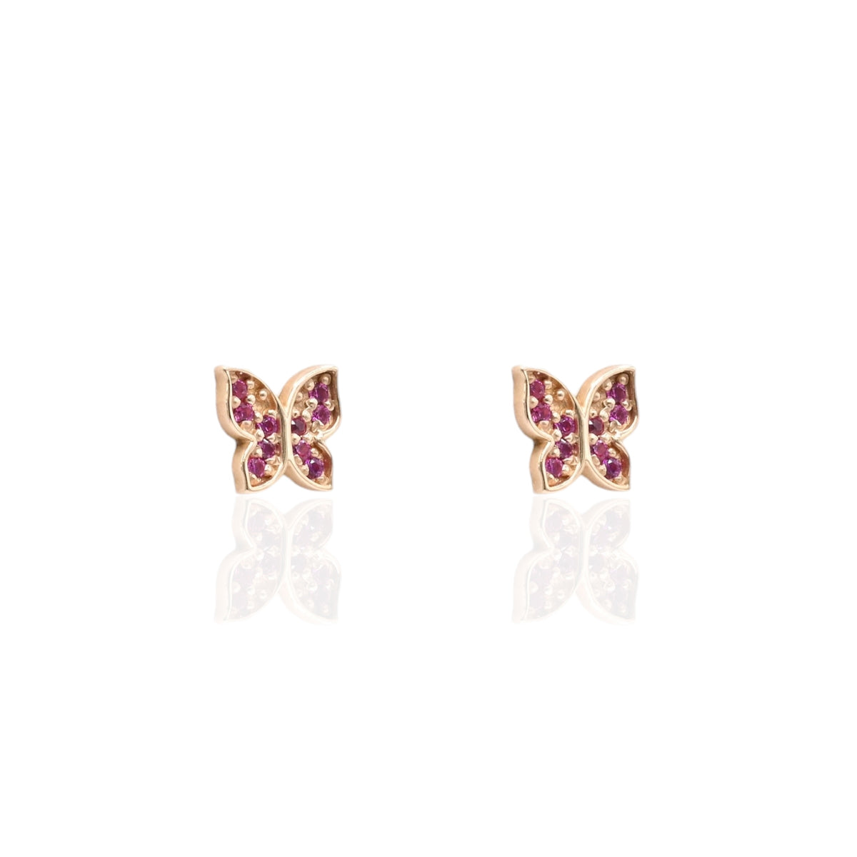 Dainty Ruby Butterfly Stud Earrings 14K Yellow Gold with Safety Screwbacks