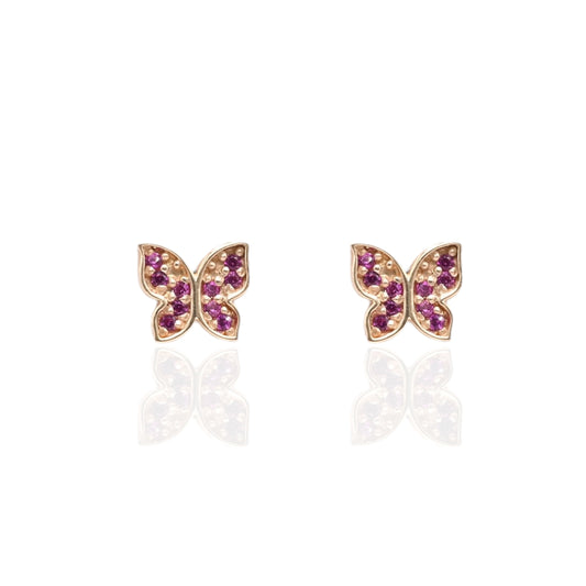 Dainty Ruby Butterfly Stud Earrings 14K Yellow Gold with Safety Screwbacks