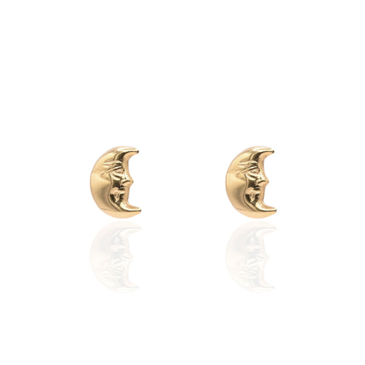 Lightweight Smiling Crescent Moon Stud Earrings 14K Yellow Gold