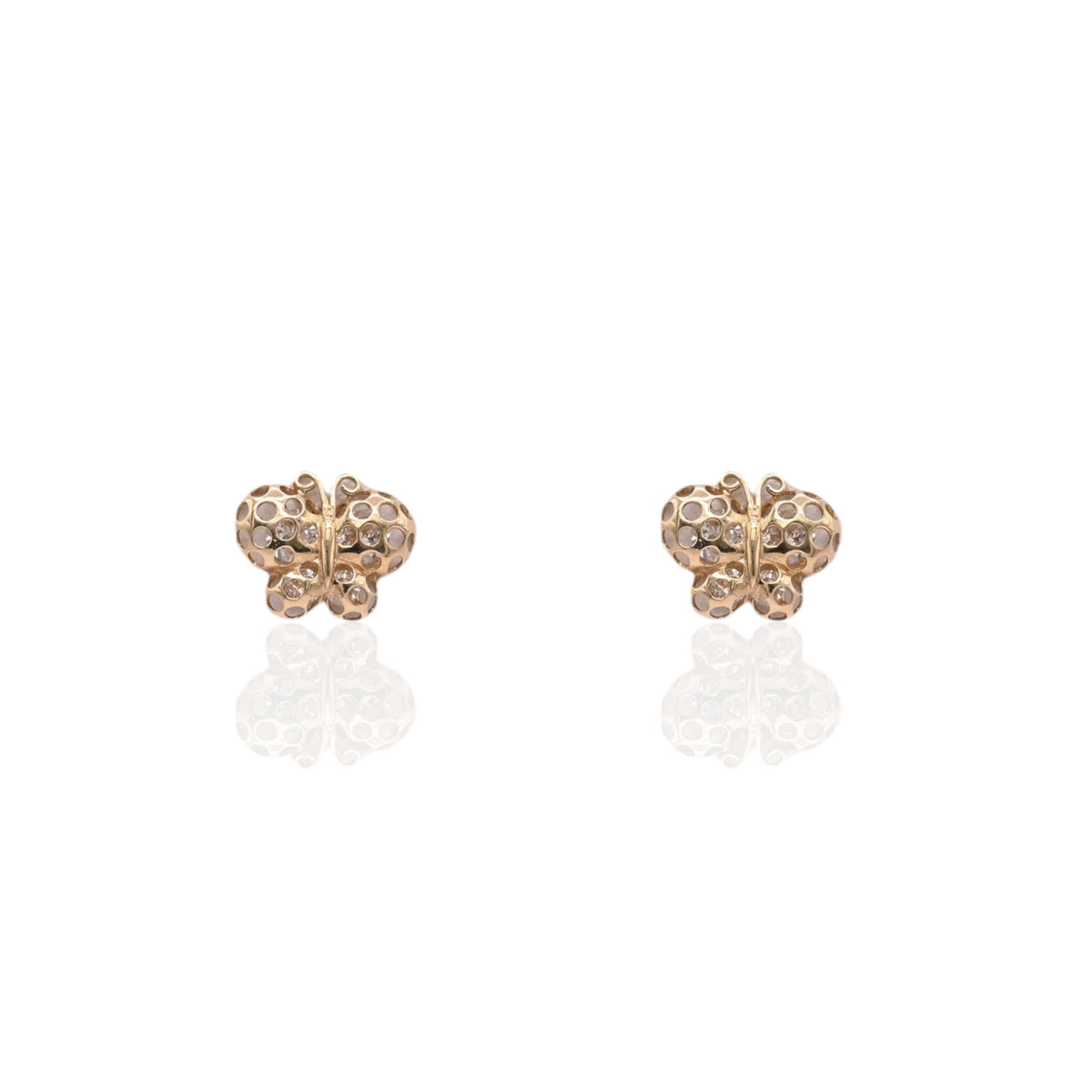 Polka Dot Cutout Butterfly Stud Earrings with Cubic Zirconias 14K Yellow Gold with Safety Screwbacks