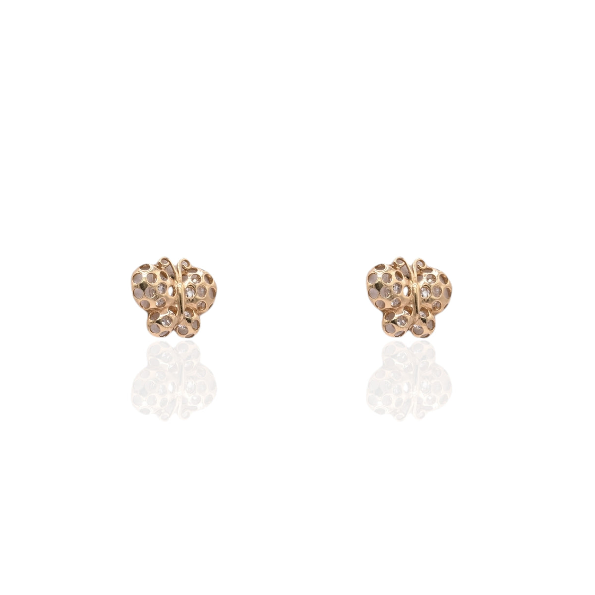 Polka Dot Cutout Butterfly Stud Earrings with Cubic Zirconias 14K Yellow Gold with Safety Screwbacks