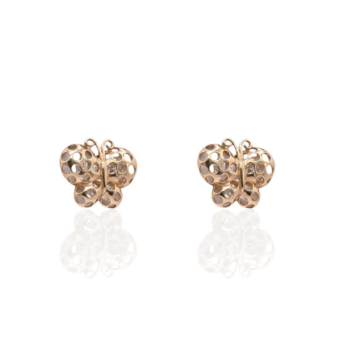 Polka Dot Cutout Butterfly Stud Earrings with Cubic Zirconias 14K Yellow Gold with Safety Screwbacks