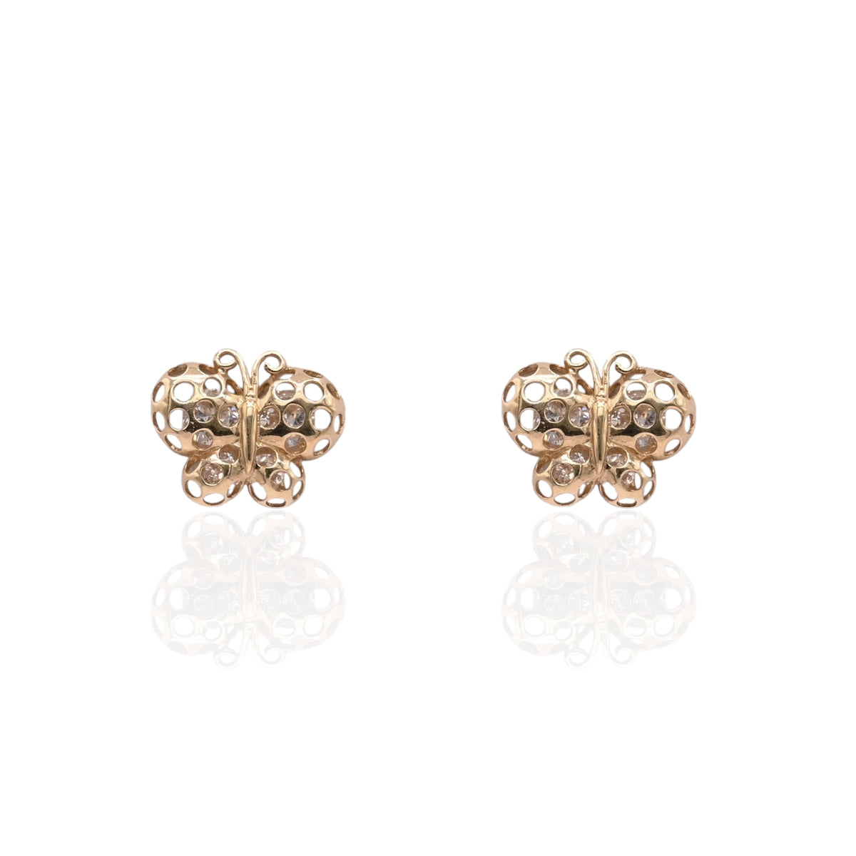 Polka Dot Cutout Butterfly Stud Earrings with Cubic Zirconias 14K Yellow Gold with Safety Screwbacks