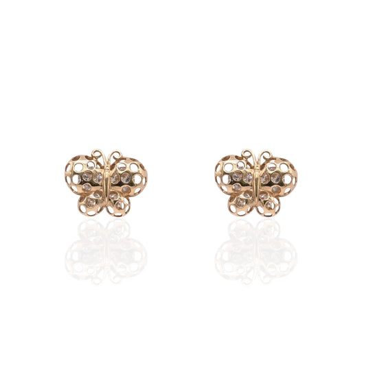 Polka Dot Cutout Butterfly Stud Earrings with Cubic Zirconias 14K Yellow Gold with Safety Screwbacks