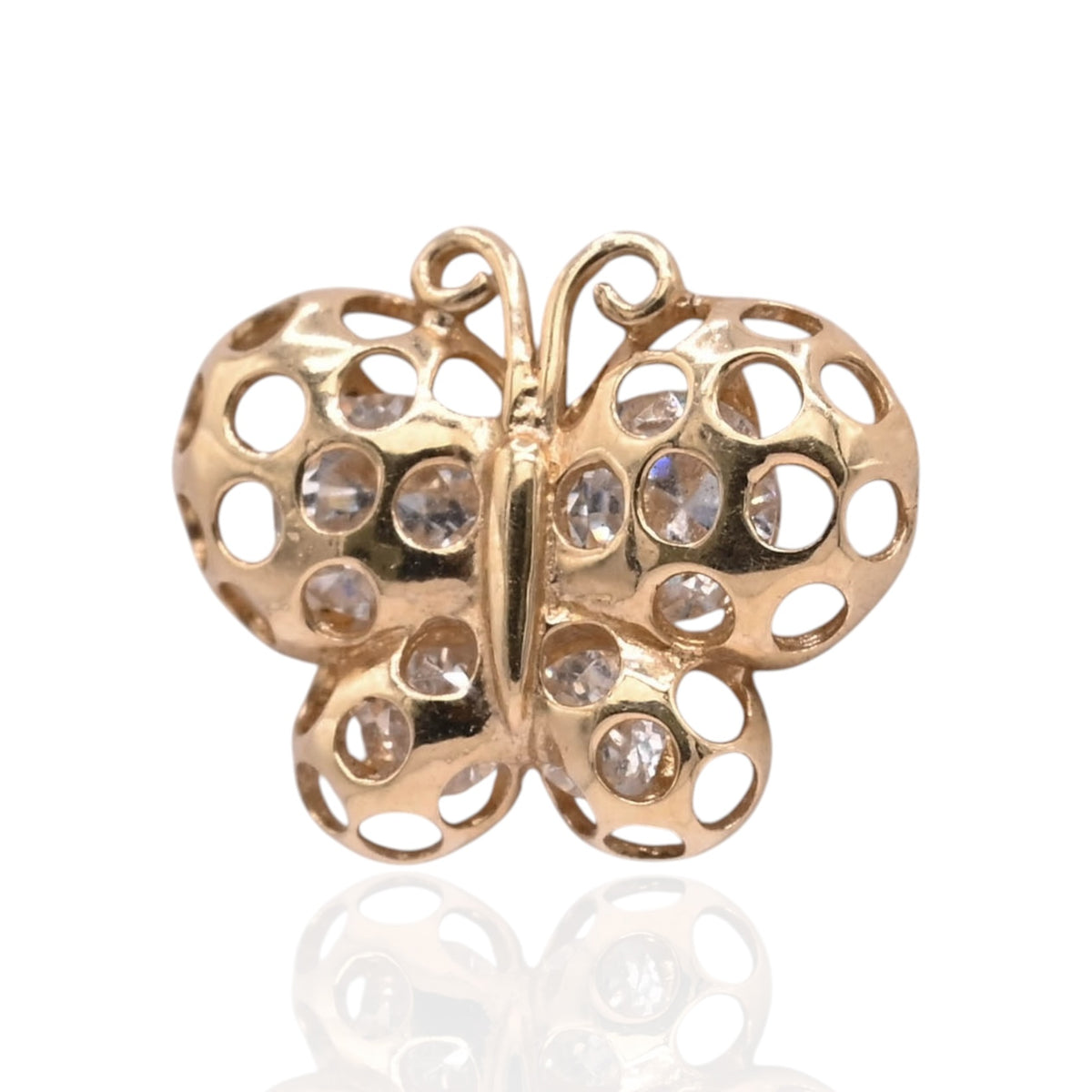 Polka Dot Cutout Butterfly Stud Earrings with Cubic Zirconias 14K Yellow Gold with Safety Screwbacks