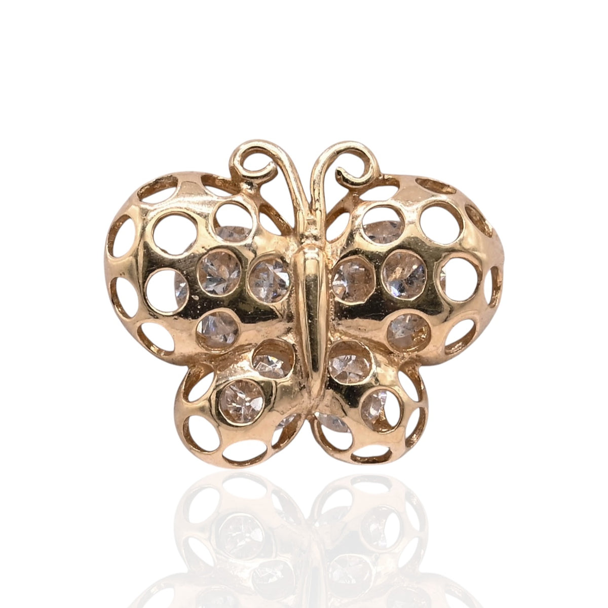 Polka Dot Cutout Butterfly Stud Earrings with Cubic Zirconias 14K Yellow Gold with Safety Screwbacks