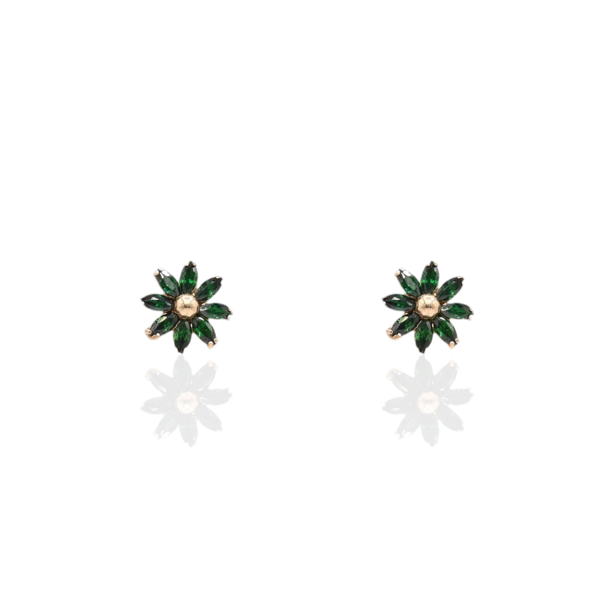 Green Marquise Cubic Zirconia Flower Stud Earrings 14K Yellow Gold with Safety Screwbacks