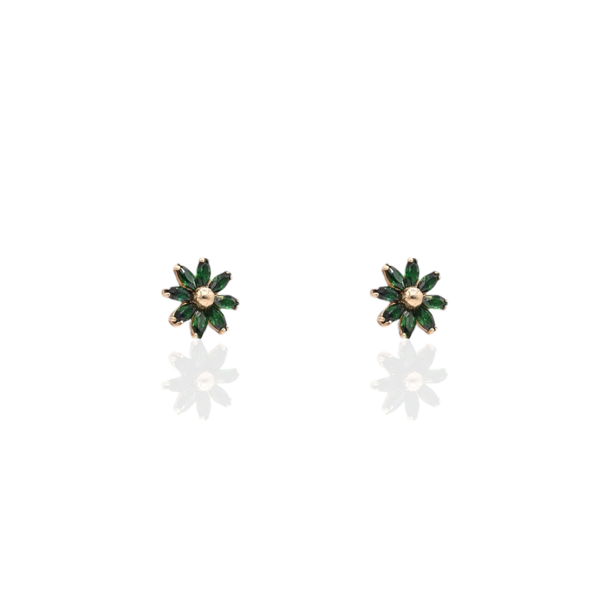 Green Marquise Cubic Zirconia Flower Stud Earrings 14K Yellow Gold with Safety Screwbacks
