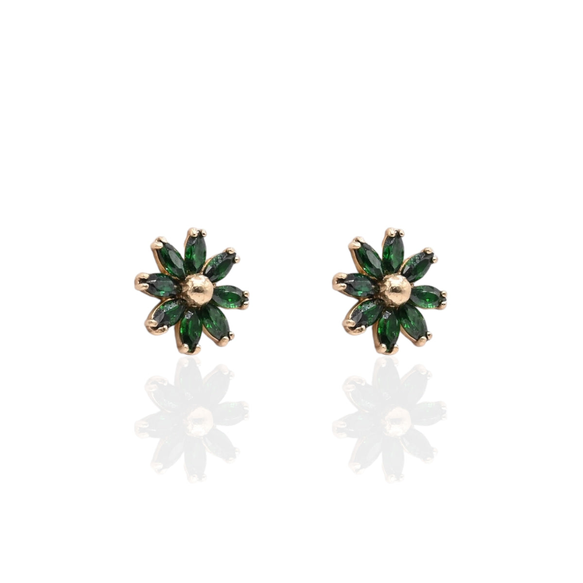 Green Marquise Cubic Zirconia Flower Stud Earrings 14K Yellow Gold with Safety Screwbacks