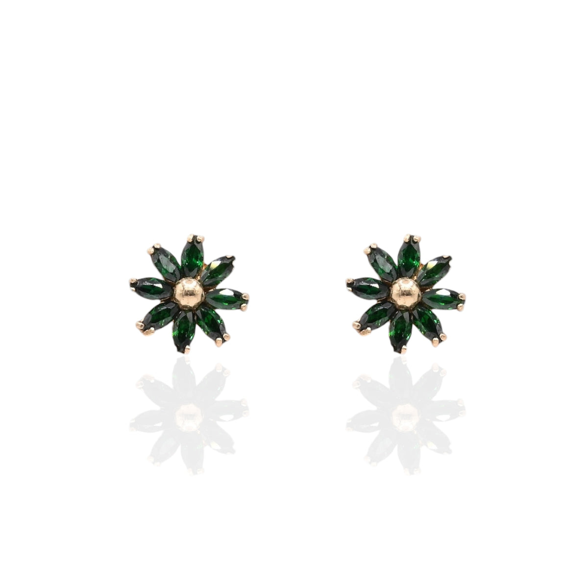 Green Marquise Cubic Zirconia Flower Stud Earrings 14K Yellow Gold with Safety Screwbacks