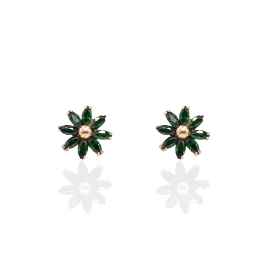 Green Marquise Cubic Zirconia Flower Stud Earrings 14K Yellow Gold with Safety Screwbacks