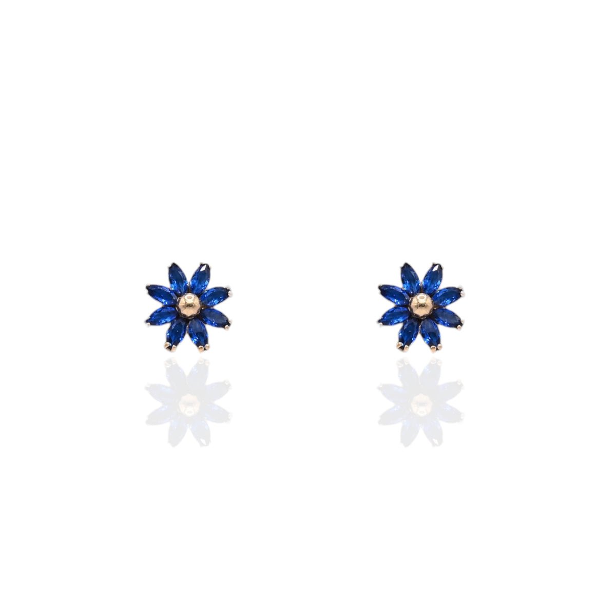 Blue Marquise Cubic Zirconia Flower Stud Earrings 14K Yellow Gold with Safety Screwbacks