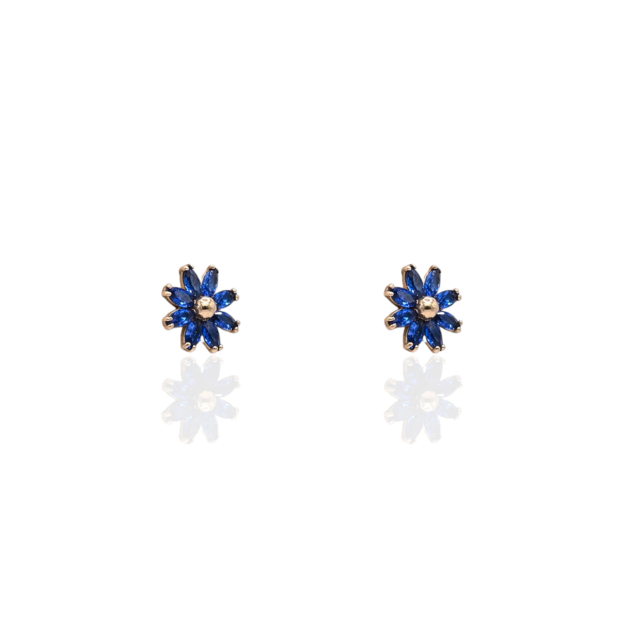 Blue Marquise Cubic Zirconia Flower Stud Earrings 14K Yellow Gold with Safety Screwbacks