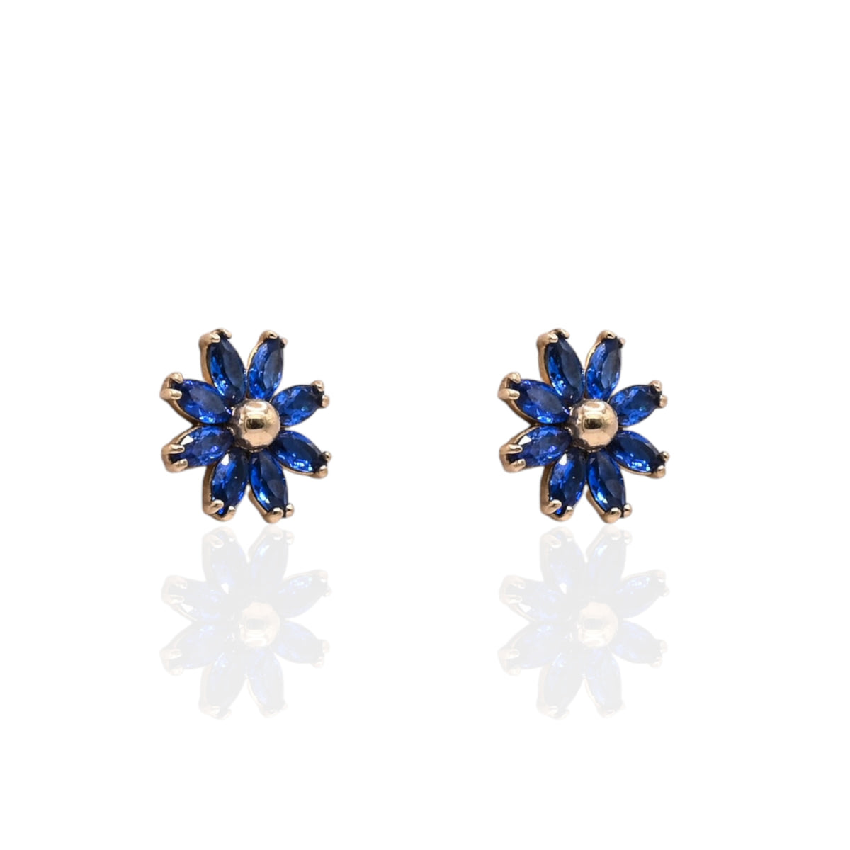 Blue Marquise Cubic Zirconia Flower Stud Earrings 14K Yellow Gold with Safety Screwbacks