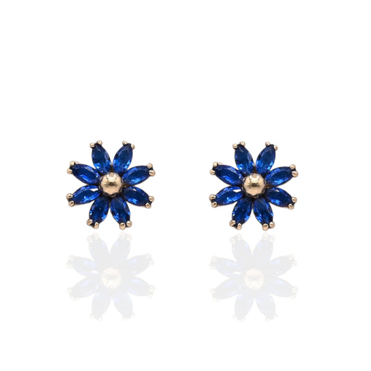 Blue Marquise Cubic Zirconia Flower Stud Earrings 14K Yellow Gold with Safety Screwbacks