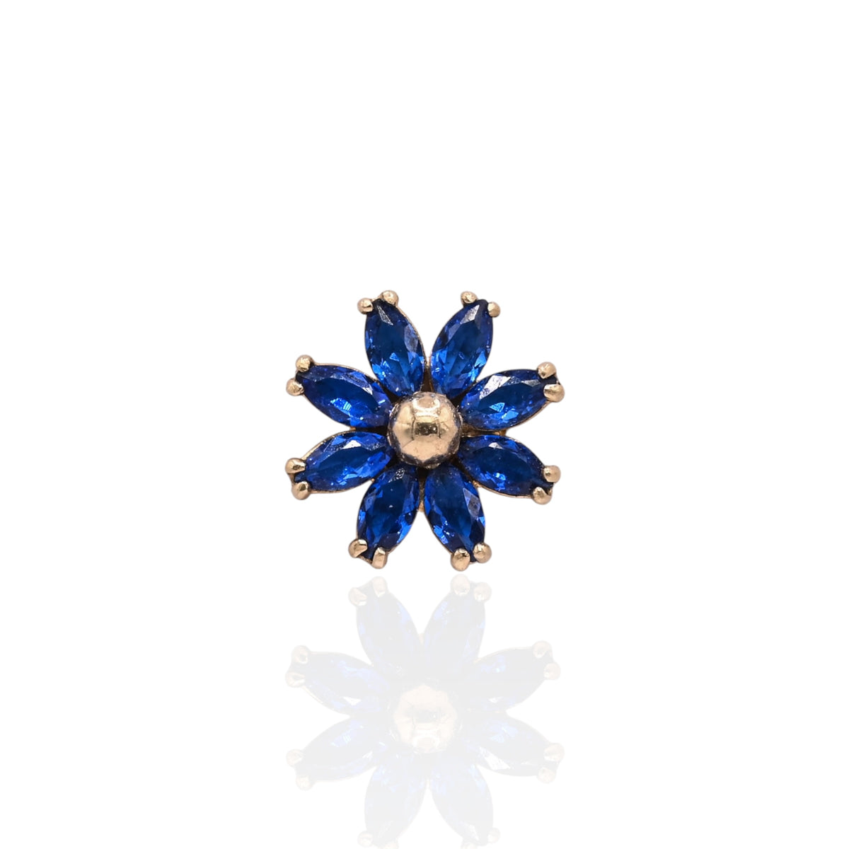 Blue Marquise Cubic Zirconia Flower Stud Earrings 14K Yellow Gold with Safety Screwbacks