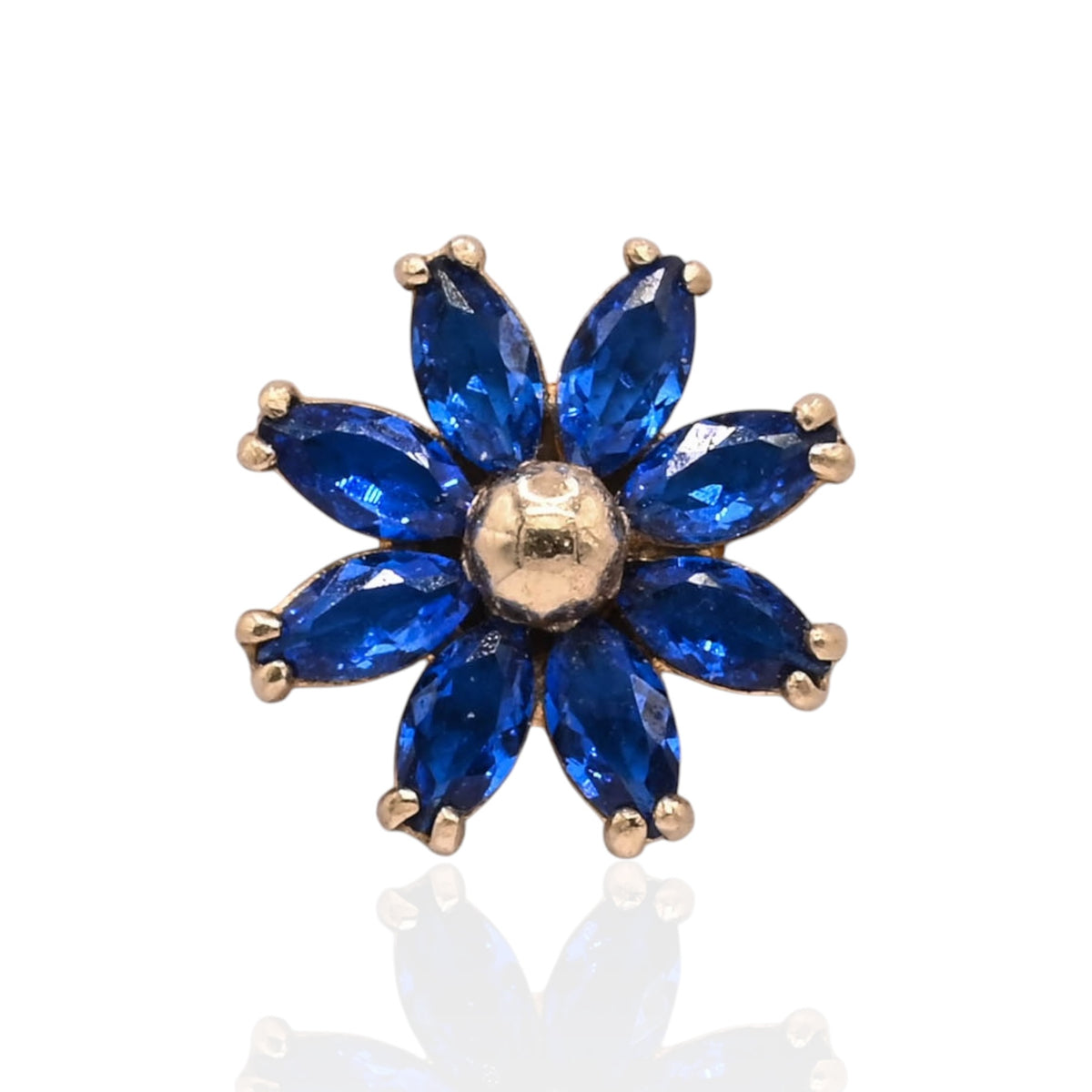 Blue Marquise Cubic Zirconia Flower Stud Earrings 14K Yellow Gold with Safety Screwbacks