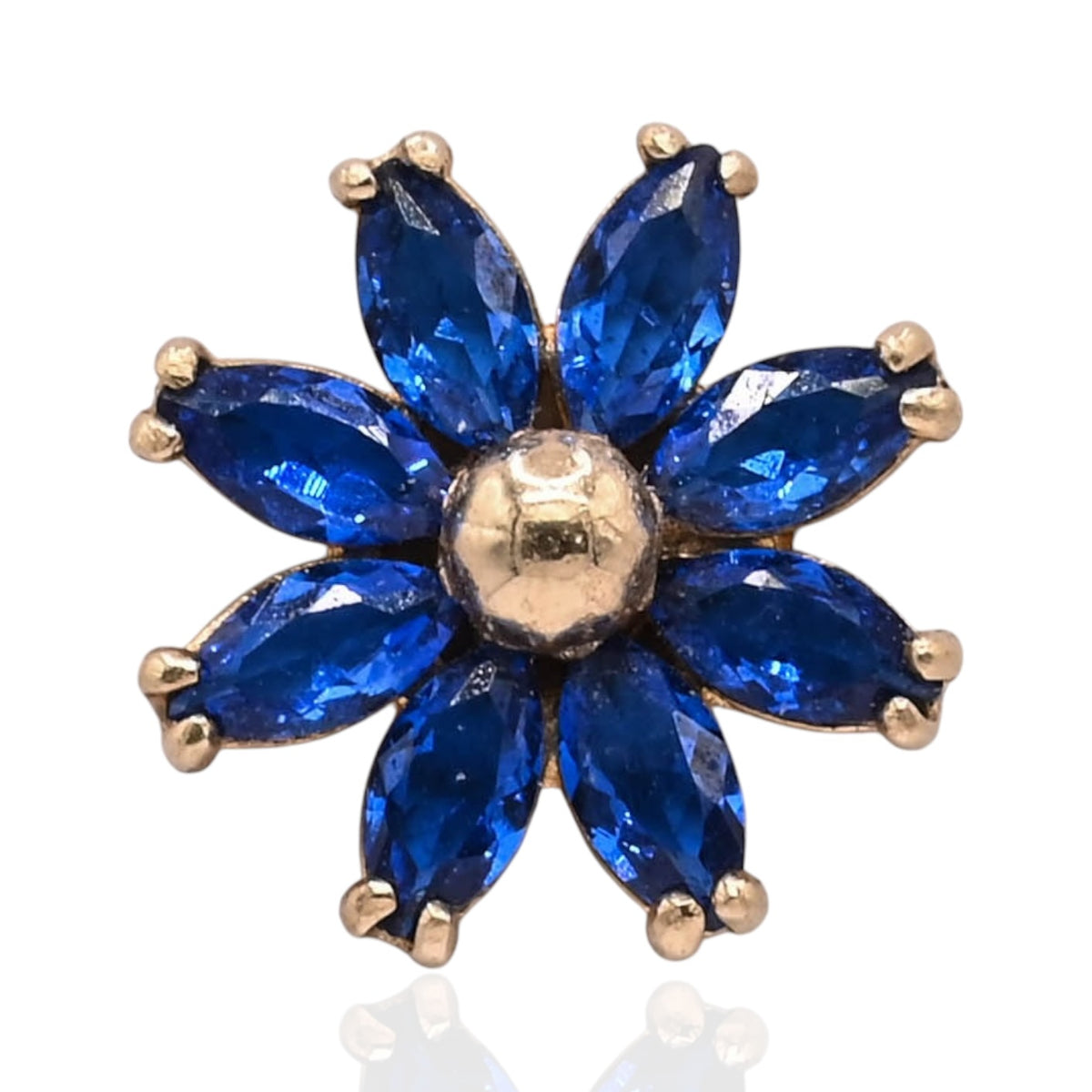 Blue Marquise Cubic Zirconia Flower Stud Earrings 14K Yellow Gold with Safety Screwbacks