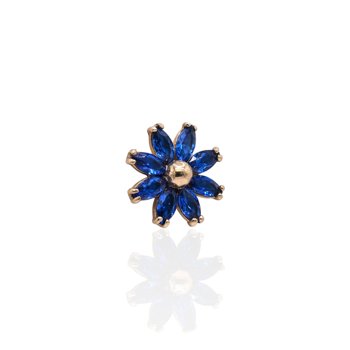 Blue Marquise Cubic Zirconia Flower Stud Earrings 14K Yellow Gold with Safety Screwbacks
