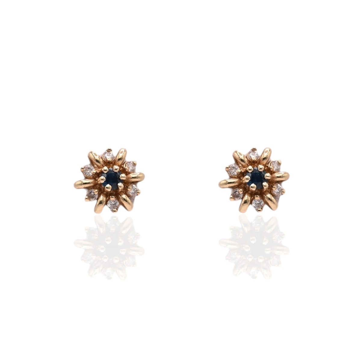 Diamond and Sapphire Flower Stud Earrings 14K Yellow Gold 0.15cttw Diamonds/0.26cttw Sapphires