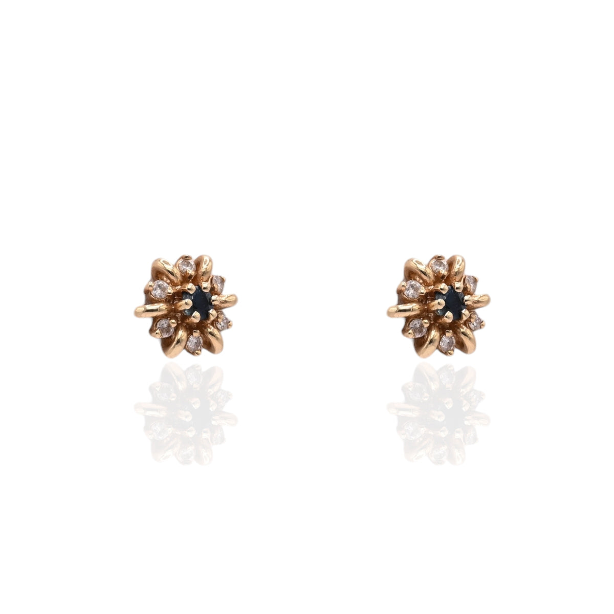 Diamond and Sapphire Flower Stud Earrings 14K Yellow Gold 0.15cttw Diamonds/0.26cttw Sapphires