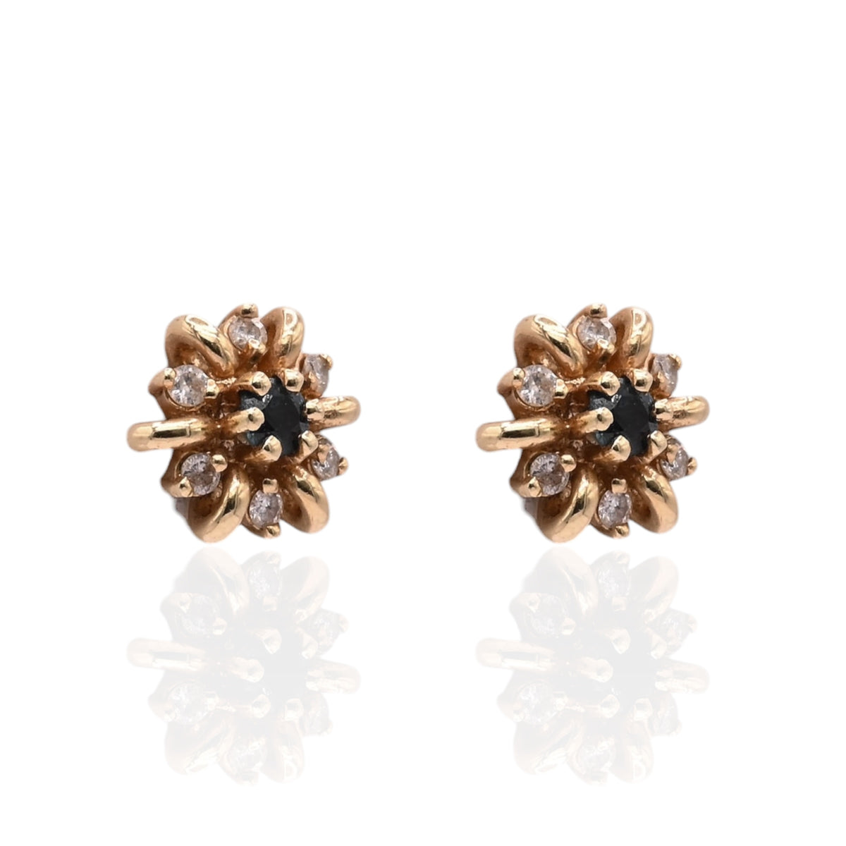 Diamond and Sapphire Flower Stud Earrings 14K Yellow Gold 0.15cttw Diamonds/0.26cttw Sapphires