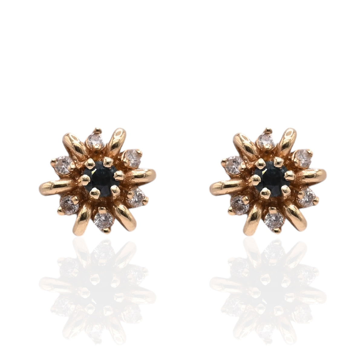 Diamond and Sapphire Flower Stud Earrings 14K Yellow Gold 0.15cttw Diamonds/0.26cttw Sapphires